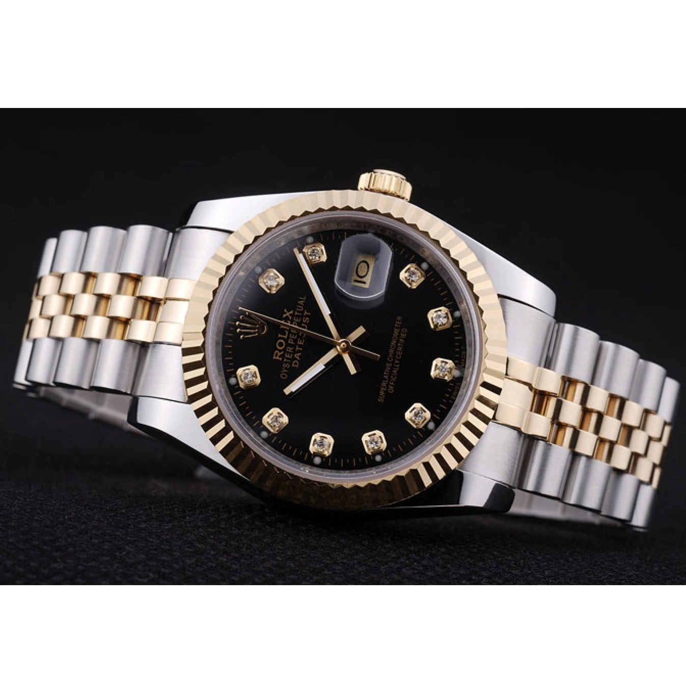 AAA Replica Watches Rolex Datejust Black Diamonds Dial Bezel Ribbed 7453 1013